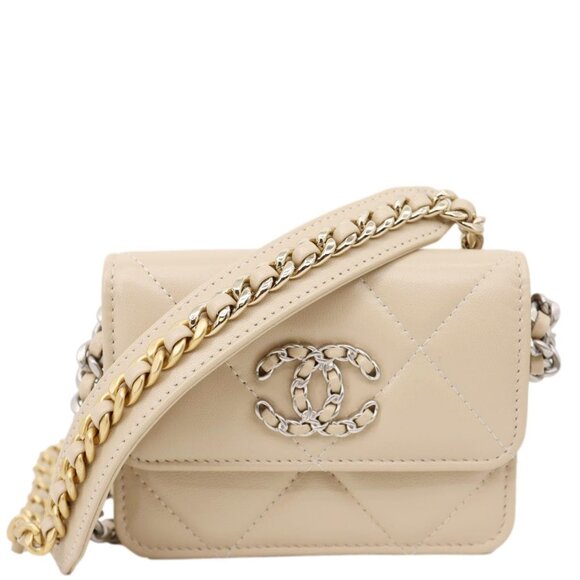 Chanel  19 Flap Coin Purse Quilted Leather Chain Shoulder Bag Cream - Picture 1 of 12